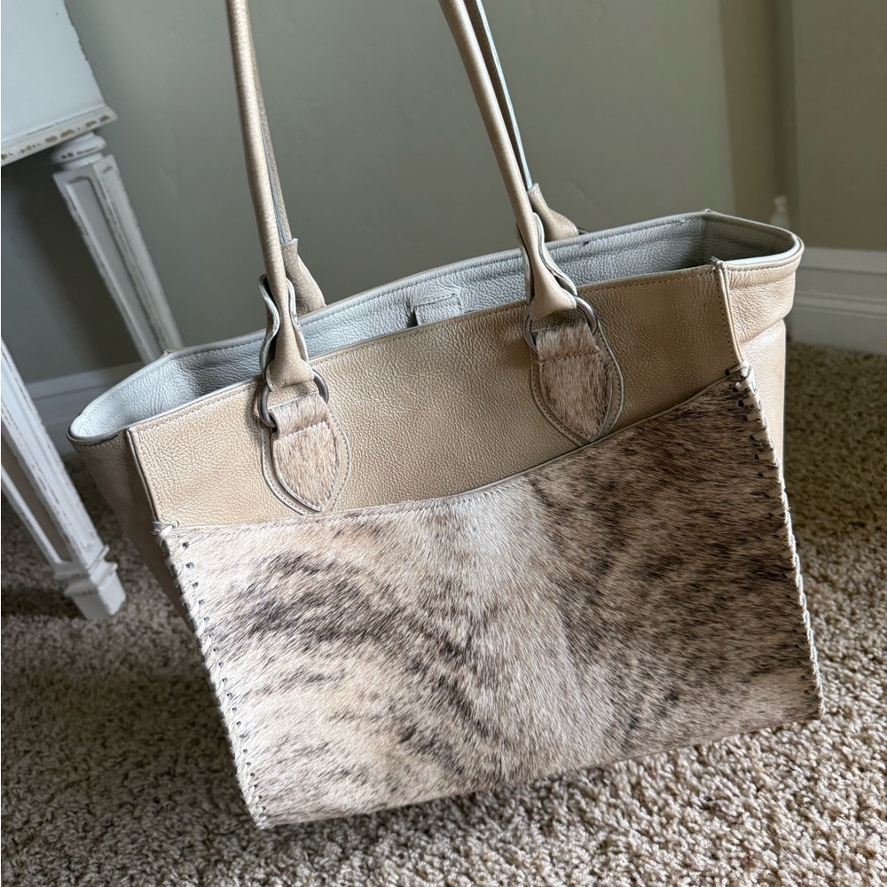 Neutral Haircalf Tote Bag with Beige Leather Trim